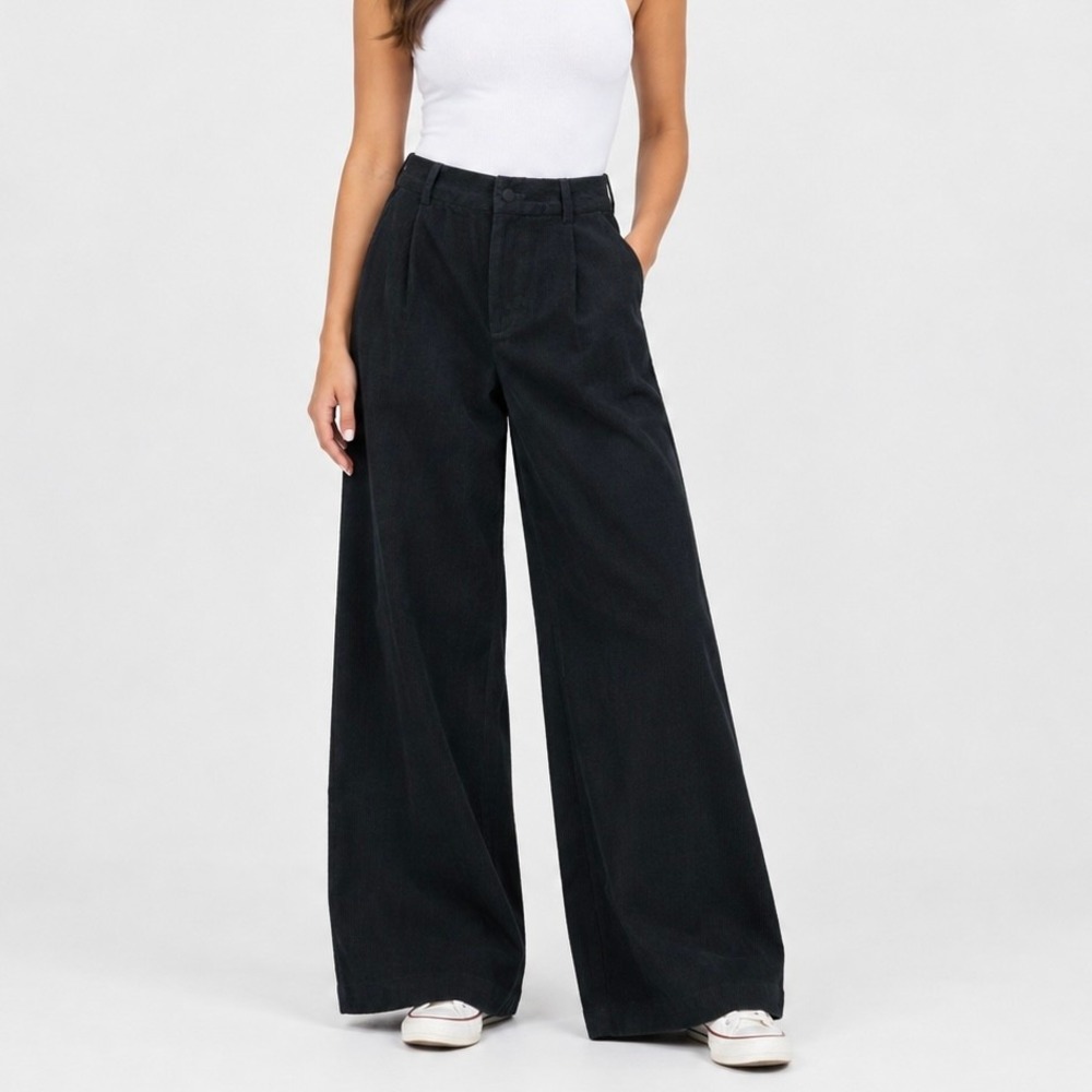 Varley Floris Wide Leg 29.5 Soft Corduroy Black Pleated High Rise Trousers XS